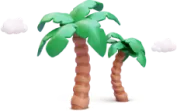 Two palm trees with brown trunks and green leaves next to small floating white clouds.