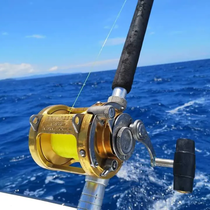 Golden fishing reel with yellow line mounted on a rod over the blue ocean.